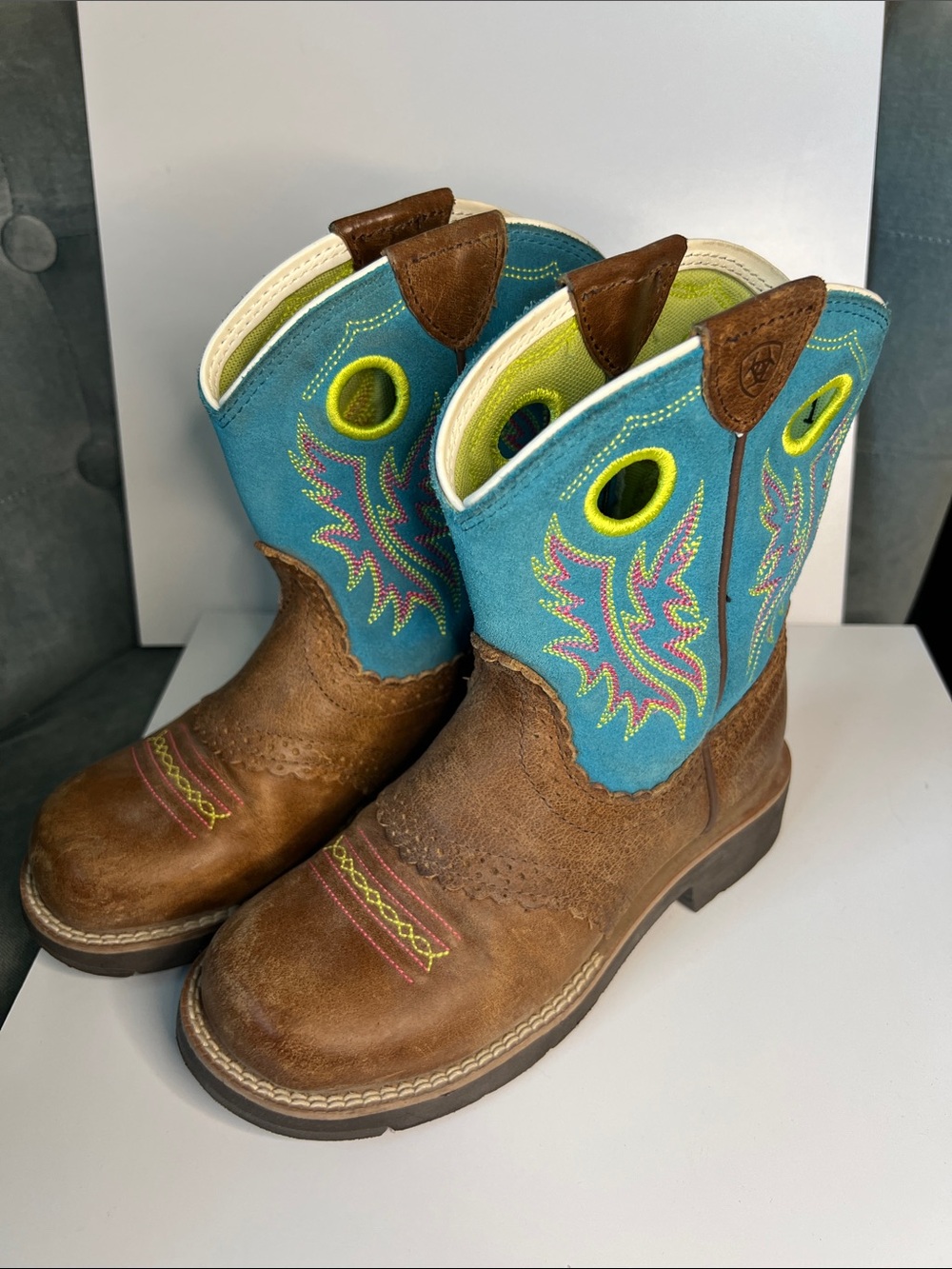 Ariat Kids Youth Fatbaby Cowgirl Western Brown Boots Size 1 Teal Pink Lime